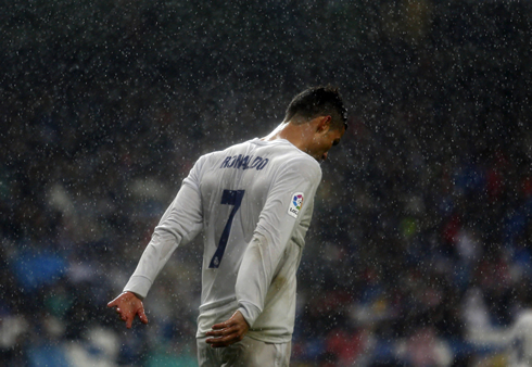 Cristiano Ronaldo throws his arms back during a league game for Real Madrid in November of 2016