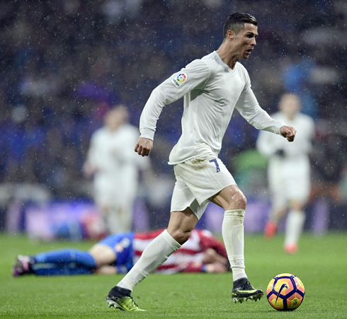 Cristiano Ronaldo playing in the rain for Real Madrid in 2016