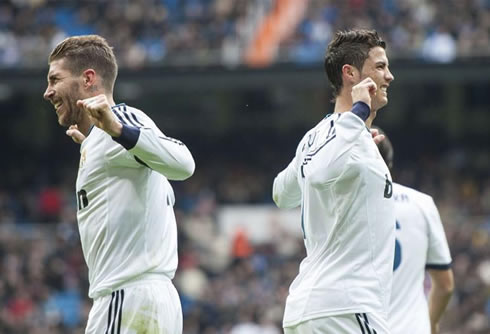 Cristiano Ronaldo and Sergio Ramos unique and original goal celebration in Real Madrid, during a game for La Liga 2013