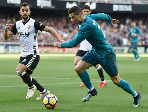 Cristiano Ronaldo in action in Valencia vs Real Madrid for La Liga in 2018