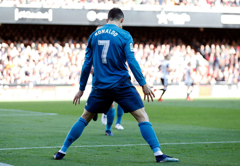 Cristiano Ronaldo celebrates his goal at the Mestalla, in Valencia 1-4 Real Madrid