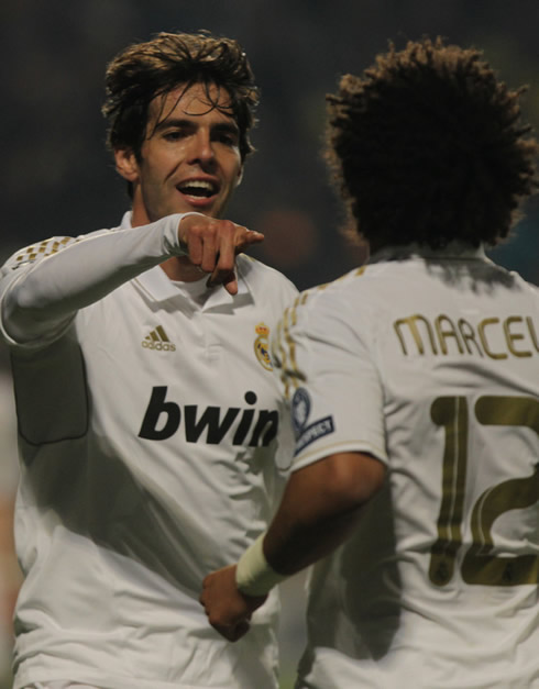 Kaká and Marcelo celebrating a goal for Real Madrid in 2012