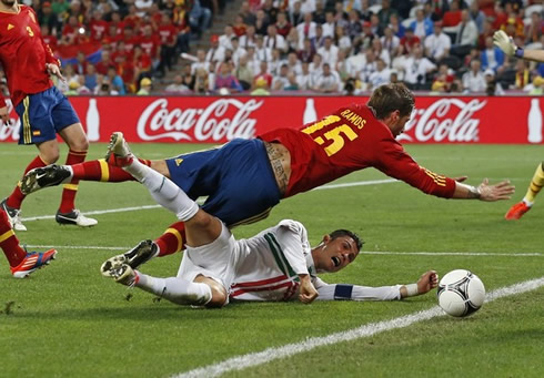 Cristiano Ronaldo being knocked down by his friend, Sergio Ramos, at the EURO 2012 semi-finals between Portugal and Spain