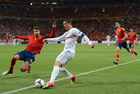 Cristiano Ronaldo tricking Gerard Piqué, as he is about to get past him in Portugal vs Spain for the EURO 2012