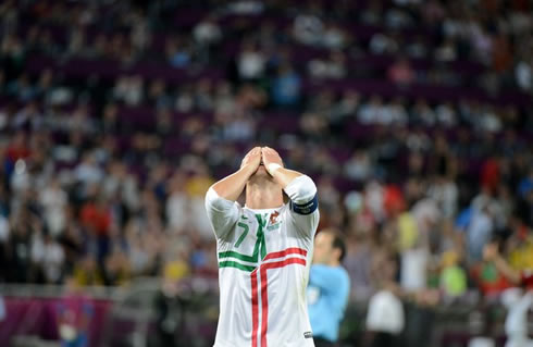 Cristiano Ronaldo puts his head back and starts crying, in Portugal vs Spain, at the EURO 2012 semi-finals penalty-kicks decision moment
