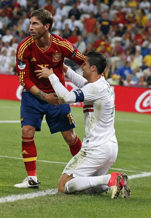 Cristiano Ronaldo playing with Sergio Ramos, in the EURO 2012 semi-finals between Portugal and Spain