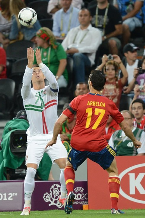 Cristiano Ronaldo doing a trick with hands against Alvaro Arbeloa, in Portugal vs Spain at the EURO 2012