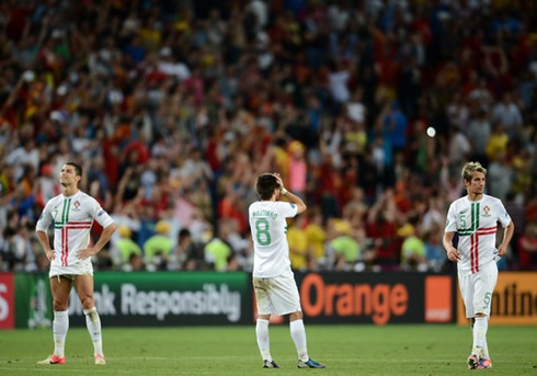 Cristiano Ronaldo, João Moutinho and Fábio Coentrão frustration in the penalties shootout of Portugal vs Spain, at the EURO 2012