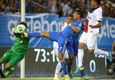 Cristiano Ronaldo almost kicking the head of the opponent's goalkeeper, in PSG vs Real Madrid