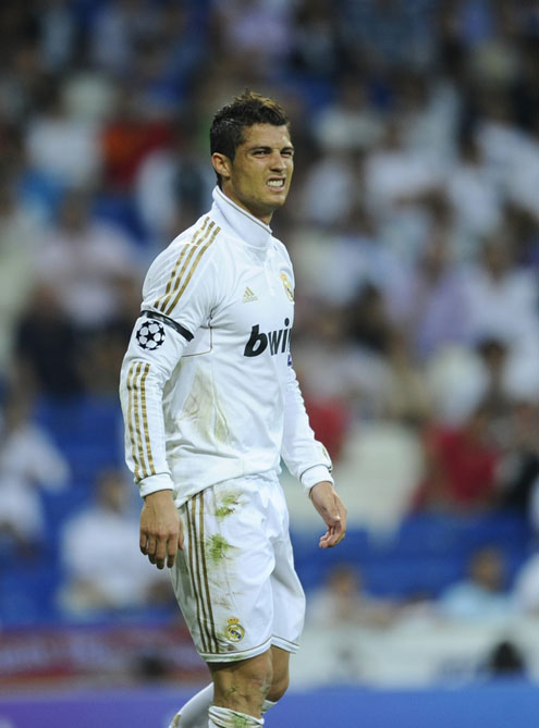 Cristiano Ronaldo disliking something and showing his disagreement with something in the UEFA Champions League match between Real Madrid and Ajax in 2011-2012
