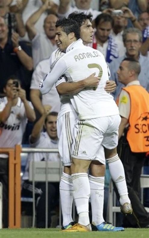Cristiano Ronaldo hugging Kaká after another goal in the UEFA Champions League 2011-2012