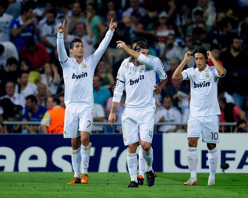 Cristiano Ronaldo pointing his fingers up to dedicate the goal to his son, Cristiano Ronaldo Jr. in 2011-2012 against Ajax