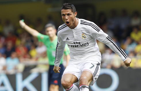 Cristiano Ronaldo jumping in his goal celebration as Real Madrid beats Villarreal by 0-2