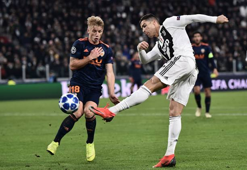 Cristiano Ronaldo strikes with his left foot in Juventus vs Valencia in 2018