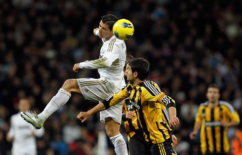 Cristiano Ronaldo heading the ball for Real Madrid in 2011-2012