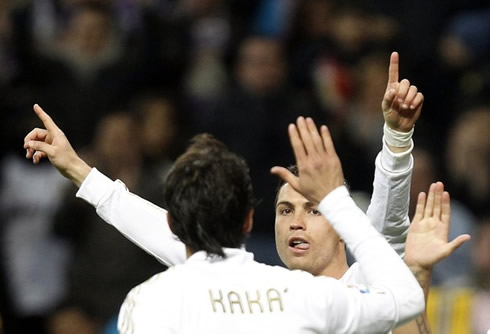 Cristiano Ronaldo and Kaká celebrating a goal for Real Madrid in the Spanish League La Liga 2011-2012