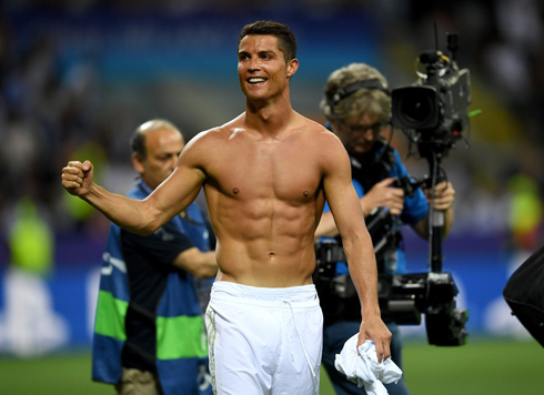 Cristiano Ronaldo shirtless after Real Madrid beat Atletico in the Champions League final on May 28 of 2016