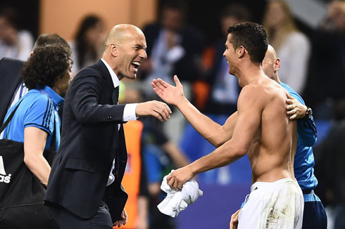 Cristiano Ronaldo getting congratulated by Zidane after winning the 2016 Champions League title