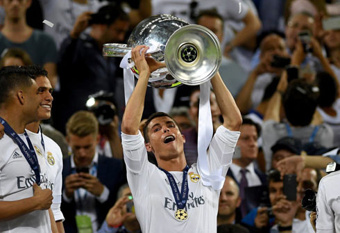 Cristiano Ronaldo lifting the Champions League trophy in 2016