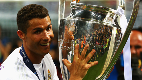 Cristiano Ronaldo holding the UEFA Champions League trophy in 2016