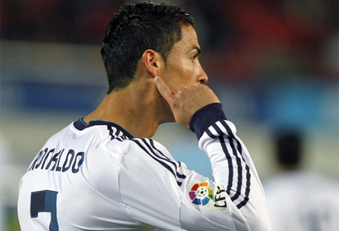 Cristiano Ronaldo answering Mallorca fans provocations, by pointing to his ear during Mallorca vs Real Madrid for La Liga in 2012-2013