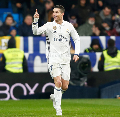 Cristiano Ronaldo puts his finger up after scoring for Real Madrid