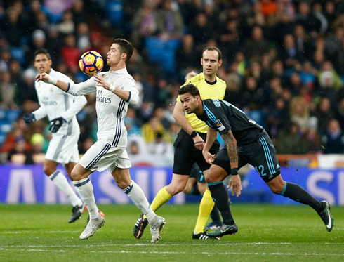 Cristiano Ronaldo takes the ball to his chest in Real Madrid v Real Sociedad for La Liga