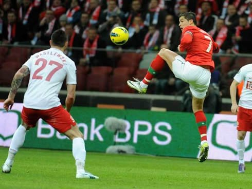 Cristiano Ronaldo receiving a long pass in the air, in Poland vs Portugal, in February 2012