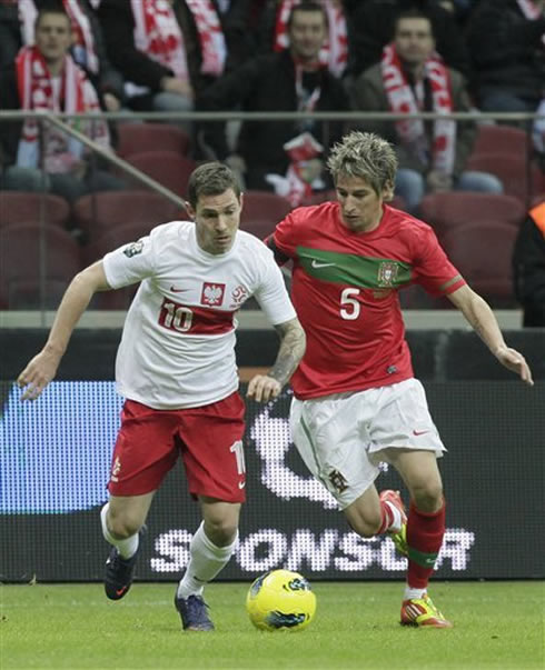 Fábio Coentrão defending the Portuguese colors, when Portugal visited Poland for a friendly match in 2012