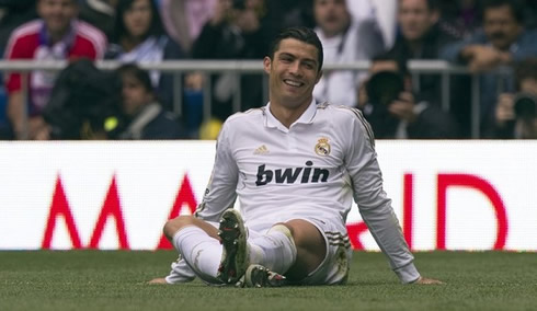 Cristiano Ronaldo reacts smiling at a referee decision in a Real Madrid game for La Liga in 2011-2012