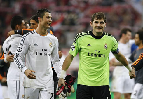Cristiano Ronaldo and Iker Casillas after Real Madrid's win over Bayern Munich