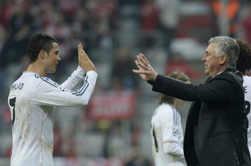Cristiano Ronaldo and Carlo Ancelotti celebrate Real Madrid win in Munich