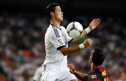 Cristiano Ronaldo controlling the ball on his chest, in the air, at a Clasico between Real Madrid vs Barcelona for the Spanish Supercup in 2012