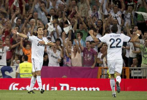 Cristiano Ronaldo hitting his own chest celebrating Real Madrid goal vs Barcelona, in the Spanish Supercup in 2012