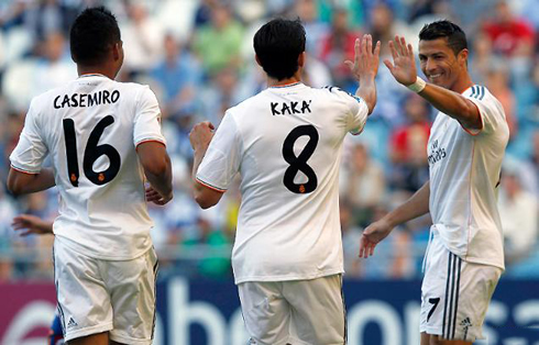 Cristiano Ronaldo celebrating Real Madrid goal with Kaká and Casemiro, in Deportivo vs Real Madrid friendly match for the Teresa Herrera trophy in 2013