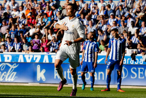 Cristiano Ronaldo hits his own chest while celebrating a goal for Real Madrid
