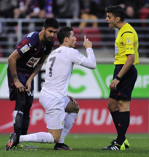 Cristiano Ronaldo arguing with the referee, in a La Liga fixture between Eibar and Real Madrid in 2015