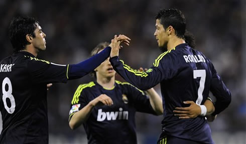 Cristiano Ronaldo saluting his friends in Real Madrid, after scoring another goal for his side