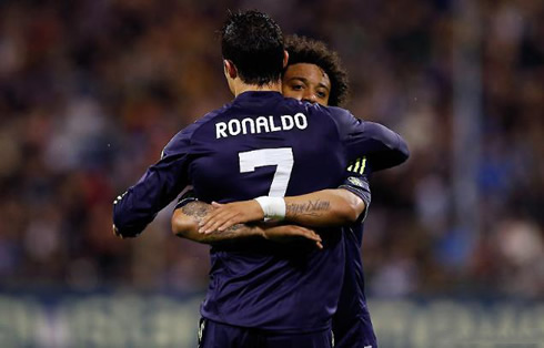Cristiano Ronaldo hugging Marcelo, in Zaragoza vs Real Madrid in 2013