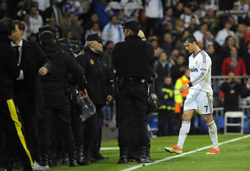 Cristiano Ronaldo walking away from the Santiago Bernabéu, after Real Madrid got knocked out of the Champions League 2013