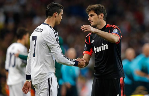 Cristiano Ronaldo being comforted by Iker Casillas, at the end of Real Madrid 2-0 Borussia Dortmund, for the Champions League semi-finals in 2013