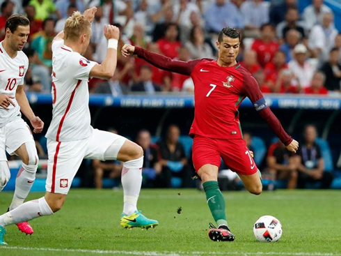 Cristiano Ronaldo striking the ball in Poland 1-1 Portugal at the EURO 2016