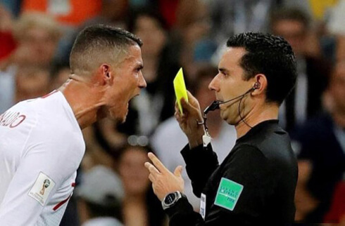 Cristiano Ronaldo yelling at the referee in the 2018 FIFA World Cup