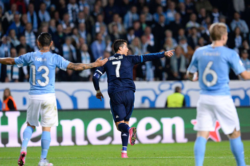 Cristiano Ronaldo turns around to celebrate Real Madrid's first goal in Sweden