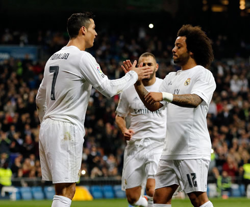 Cristiano Ronaldo and Marcelo after a Real Madrid goal against Espanyol
