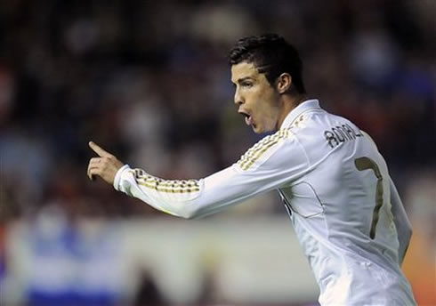 Cristiano Ronaldo with his finger stretched as he celebrates a goal for Real Madrid