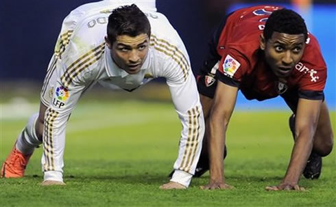 Cristiano Ronaldo in a 100m sprint stance, during a Real Madrid game in 2012