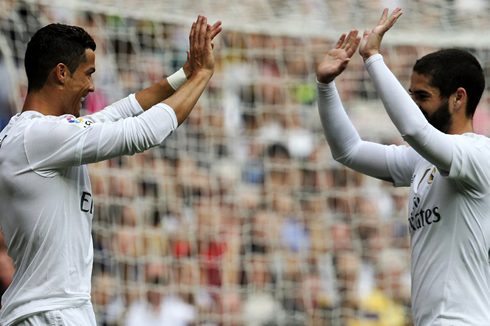Cristiano Ronaldo and Isco after another Real Madrid goal in La Liga 2015-16