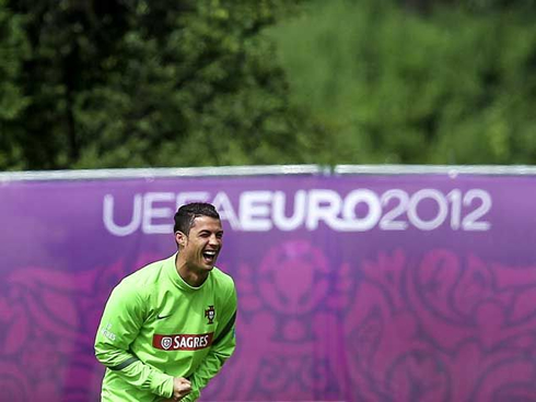 Cristiano Ronaldo happy and smiling in the Portuguese National Team training, at the EURO 2012