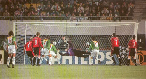 Peter Schmeichel defending a penalty kick for Manchester United, in the UEFA Champions League